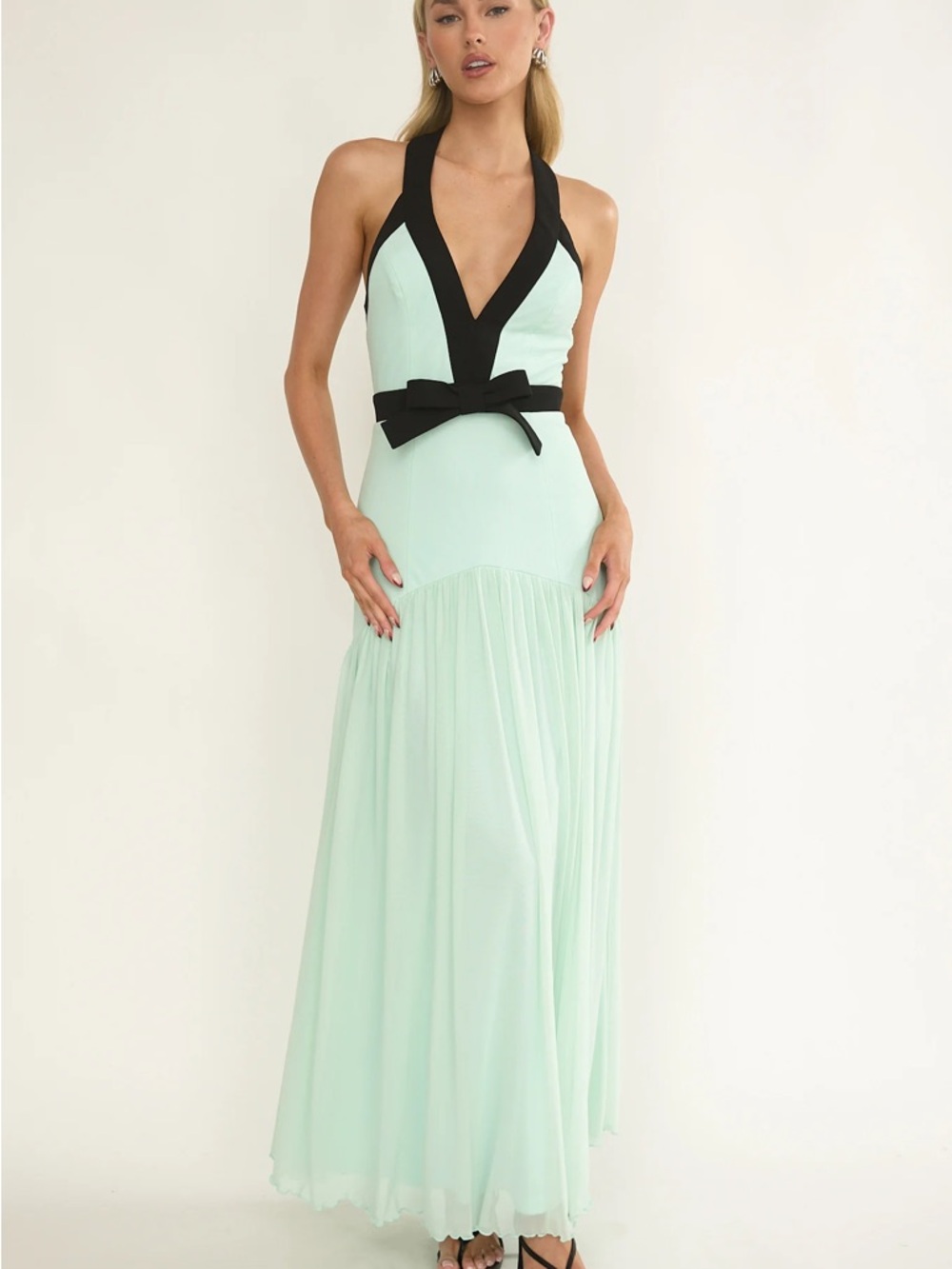 Selfie Leslie Mint Halter Maxi Dress with Black Trim and Bow Accent